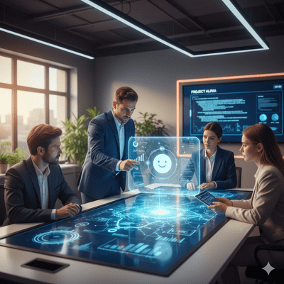 Sala konferencyjna. Cztery osoby omawiają zadania, współpracując z interfejsem AI wyświetlanym na ekranie.