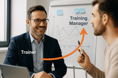 Dwóch trenerów rozmawia o awansie na training managera w sali szkoleniowej na tle tablicy