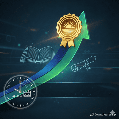 Dynamiczna grafika w ciemnej tonacji. Przedstawia złoty medal certyfikacyjny umieszczony na zielonej, strzałce wzrostu skierowanej w górę. Wokół widoczne są graficzne zarysy otwartej książki i dyplomu. W lewym dolnym rogu znajduje się stylizowany zegar z kalendarzem, wskazujący datę 31 DEC 2025, symbolizujący kończący się termin promocji na szkolenia. Wizualizacja wzrostu, certyfikacji i pilności działania przed podwyżką cen. Logo www.heuresis.pl