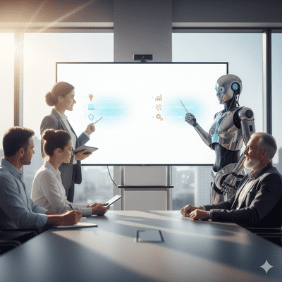 Kobieta i robot humanoidalny w sali szkoleniowej uczą wspólnie grupę.