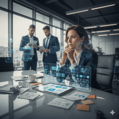 AI Strategist analizująca chaos i strategię wdrażania AI w organizacji. Kobieta menedżer w biurze obok wizualizacji danych, symbolizująca łączenie kompetencji ludzkich i technologii.